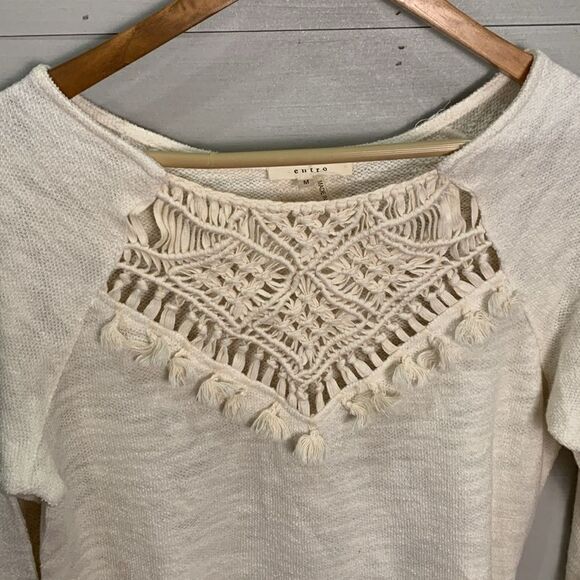 Entro boho hippie long sleeved cream colored knit lacy fringe top medium - Picture 2 of 8